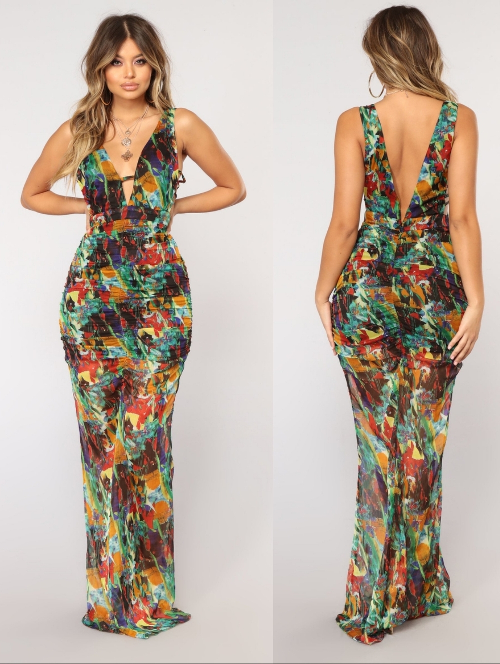 Fashion Nova Ruched Multicolor Abstract Print Bodycon Mermaid Chiffon Maxi Dress